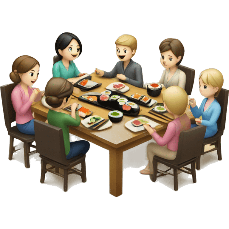 Caucasian family of 8 members eating sushi at kitchen  emoji