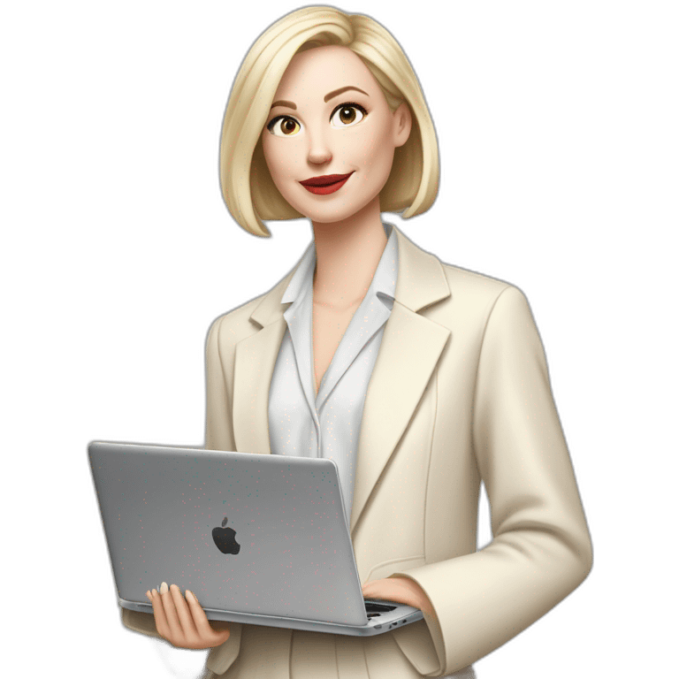 pale skin woman with ash blonde Straightened bob Hair, White Spacious classical jacket, beige palazzo Arrow pants and gray blouse holding a MacBook in the hands emoji