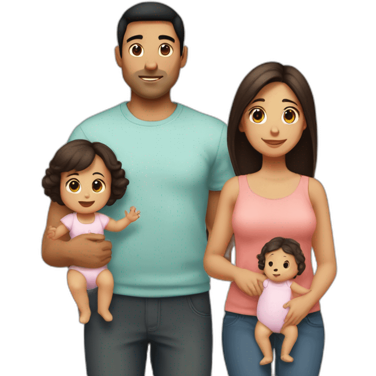 2 parents and a baby girl, the dad has black hair, Mum has long Brown hair and is prégnant, the baby girl has light Brown short hair emoji