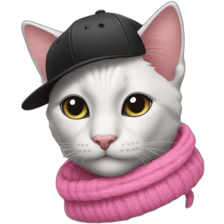 black cat with pink baseball cap and black scarf emoji