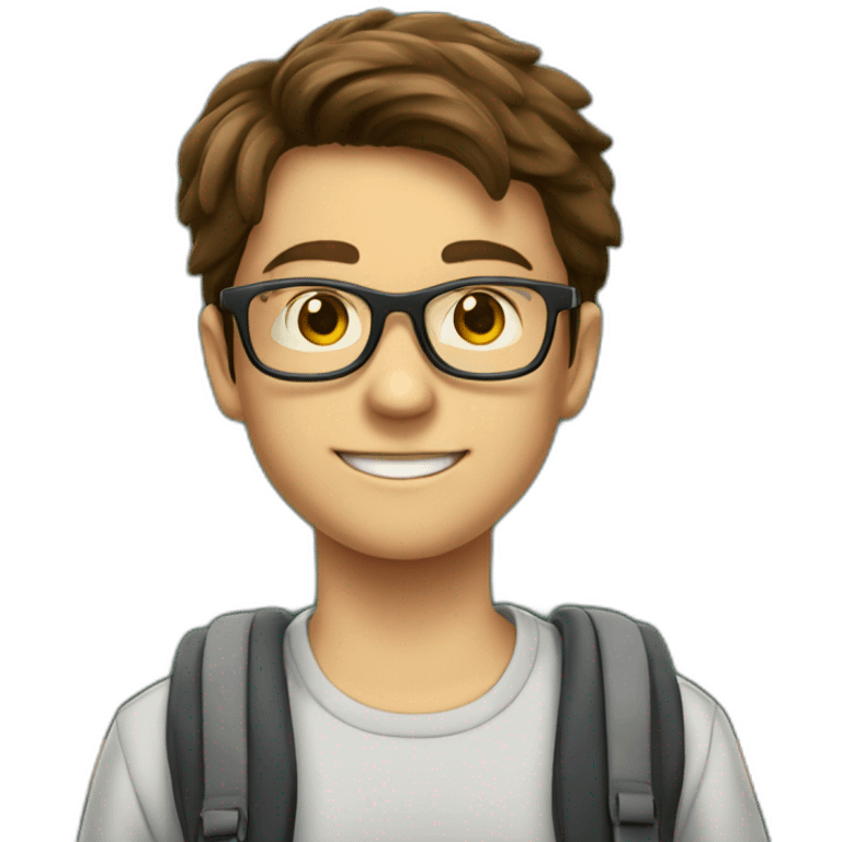 a 12-year-old boy with brown hair and glasses answers at school at the blackboard emoji