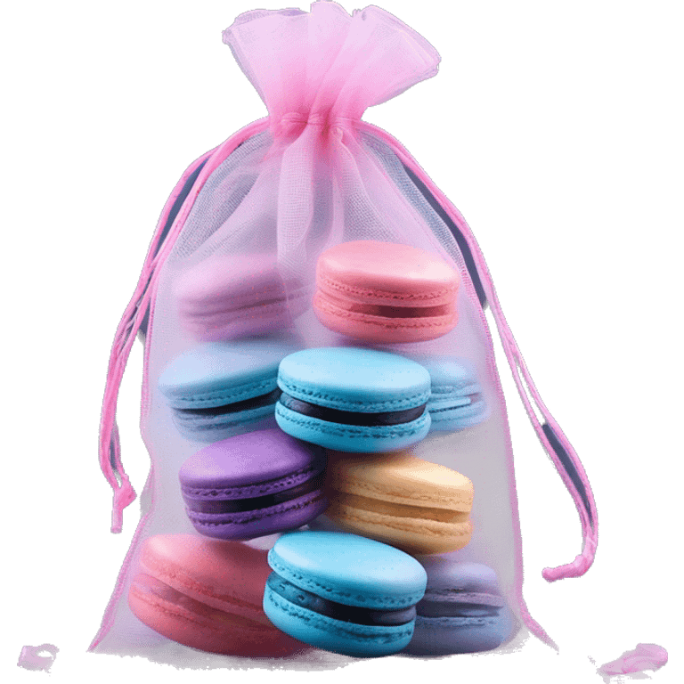 Realistic see-through mesh organza bag with pink, purple, and blue macarons inside of th bag emoji