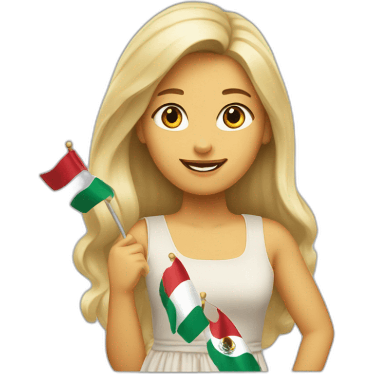 medium long blonde haired woman waving a small mexican flag over her head, wearing a sundress emoji