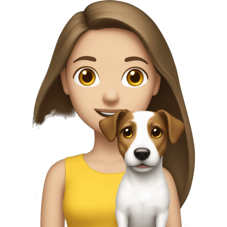 Brunette Long haired white girl wearing yellow top with jack russell emoji