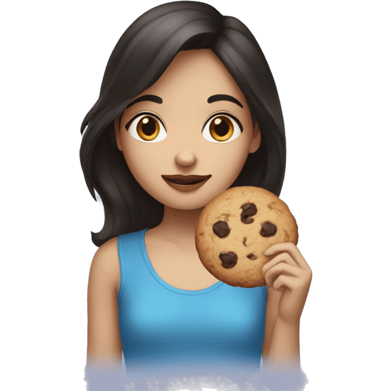 a girl with dark hair, a petite nose, blue eyes, and a cookie in her mouth emoji