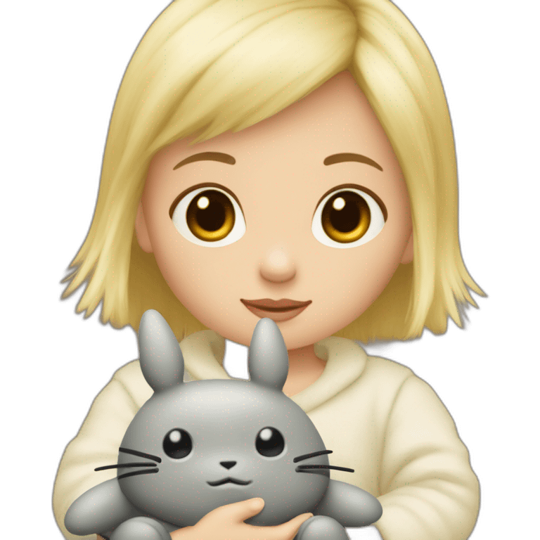 bébé fille blonde décoiffée assise avec une peluche Totoro  emoji