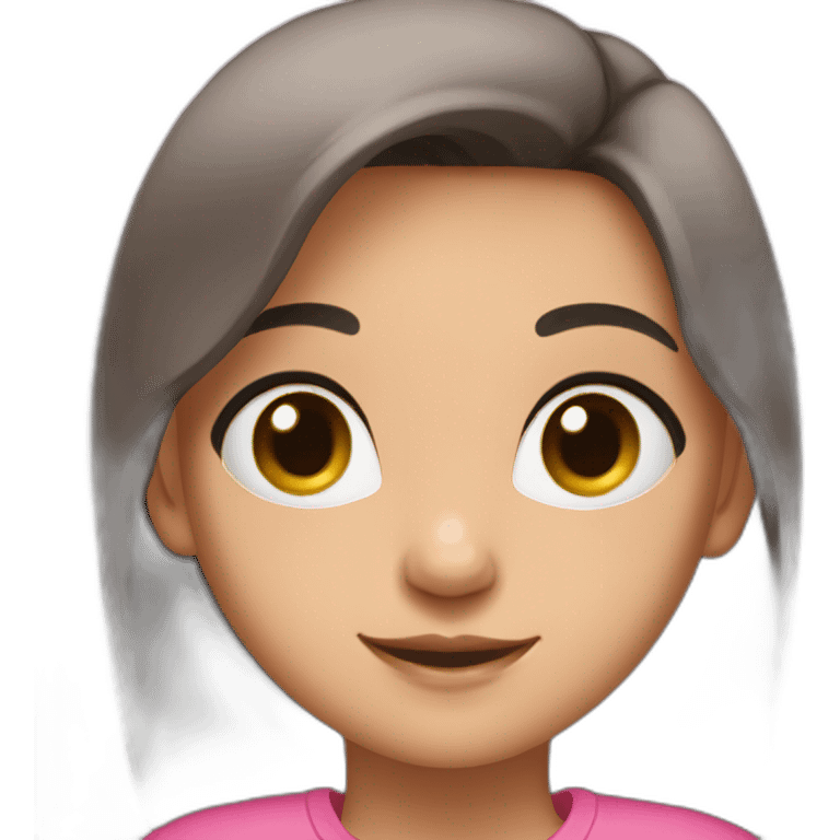 A Girl with black hair and brown eyes with smile and she wair pink shirt emoji