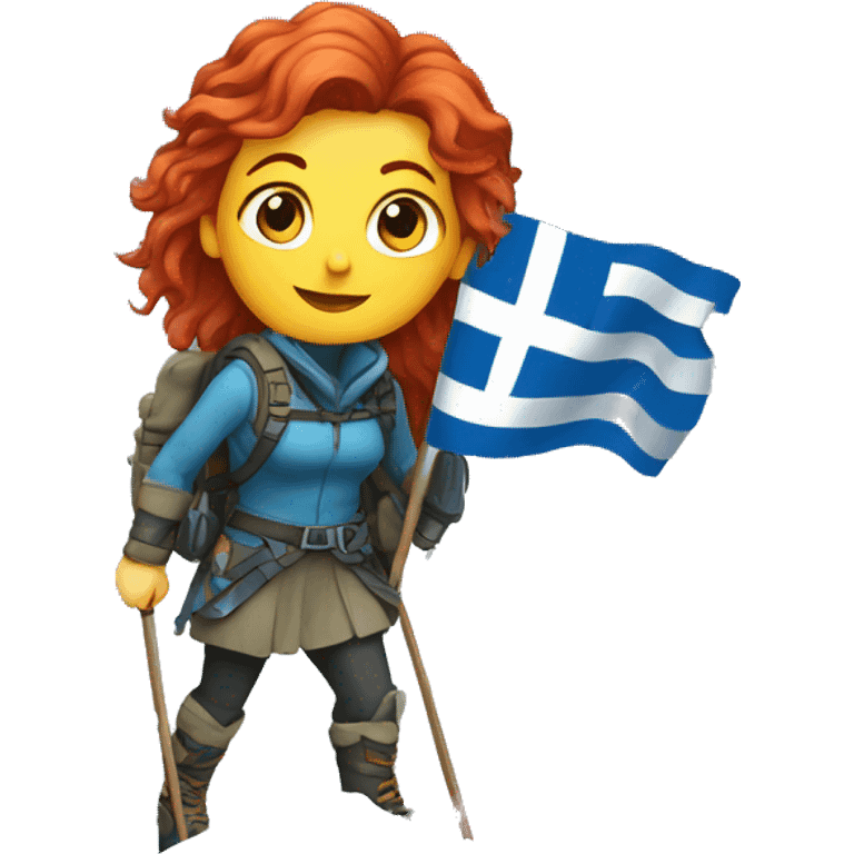 a red hair female mountaineer summitting ice peak with greek flag emoji