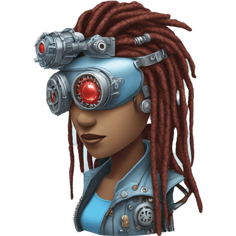 Light blue long dreadlocks female cyborg head with red steampunk goggles and circuits emoji