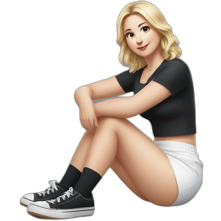 hyperrealistic-full-body-caucasian-curvy-beauty-sitting on the ground-small black-skirt-white knickers white socks emoji