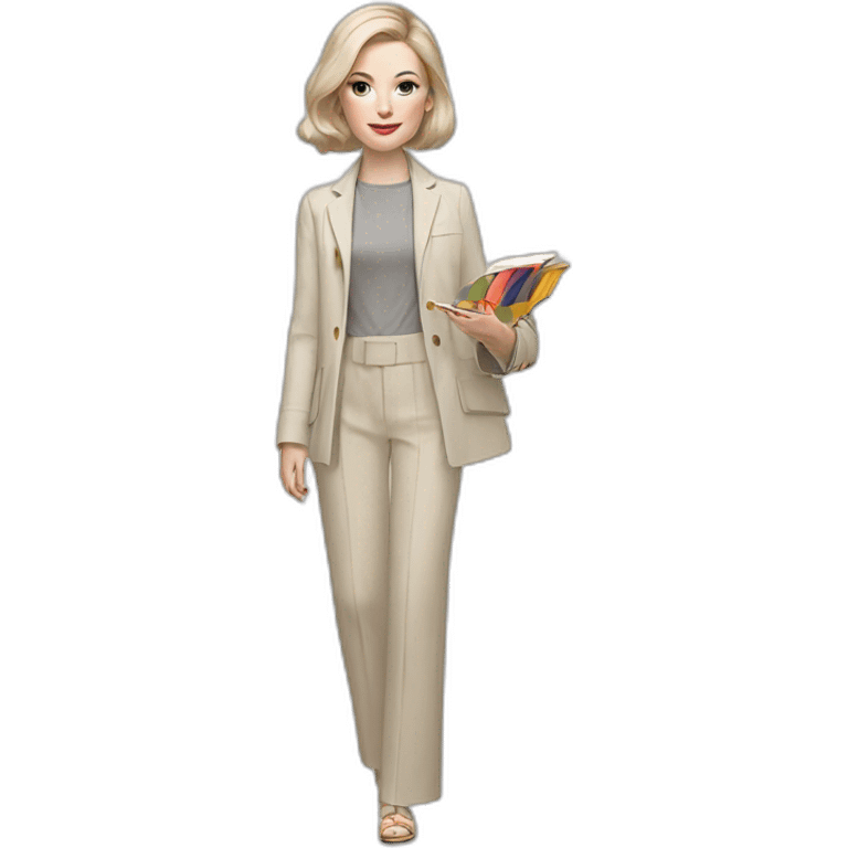 pale skin woman with ash blonde Straightened bob Hair, White Spacious classical jacket, beige palazzo Arrow pants and gray blouse holding a color palette in the hands emoji