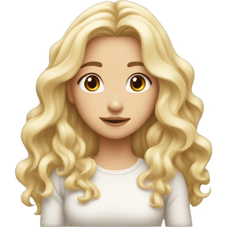 blonde long wavy hair, white scin color asian girl, from shoulders, make one emoji, make her face small and  squinty eyed emoji