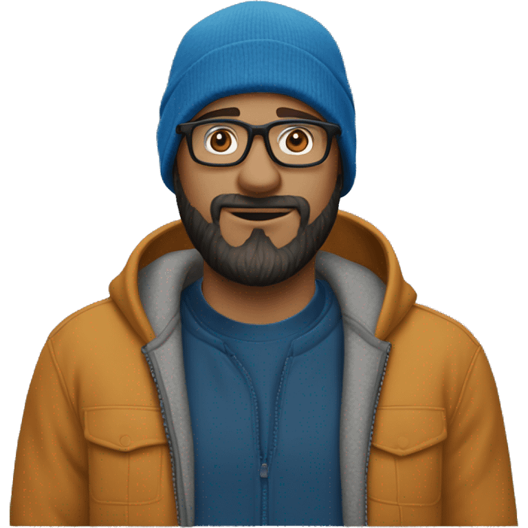 white man with a beard in a blue hoodie wearing a black carhartt beanie and clear glasses emoji