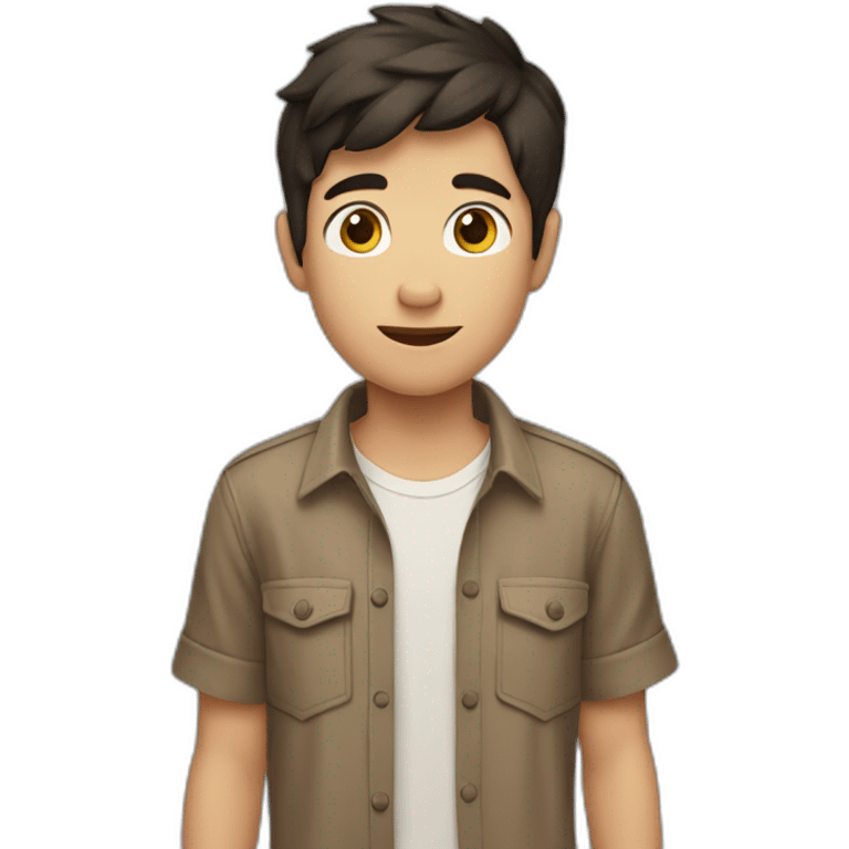 short dark hair white young boy in brown button up shirt with a tshirt under holding an arm in his hand emoji