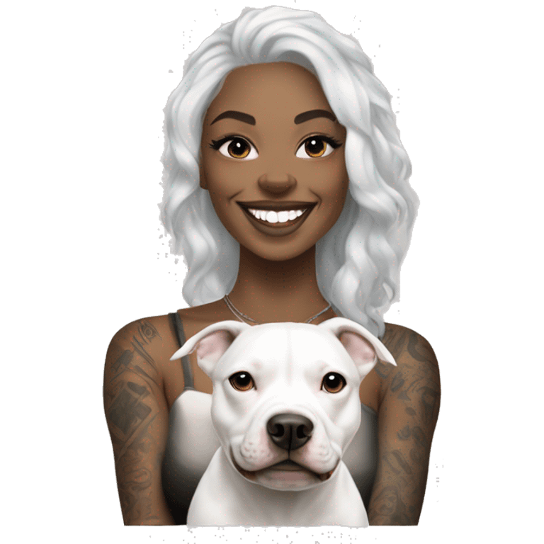 light skin woman with a face tattoo of a cross and long wavy black hair expressing joy alongide a white miniature pitbull  emoji