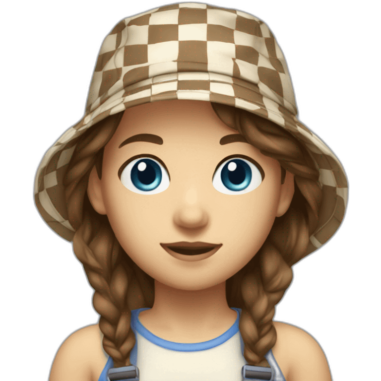 Girl, 16, medium length brown hair, blue eyes, checkered bucket hat emoji