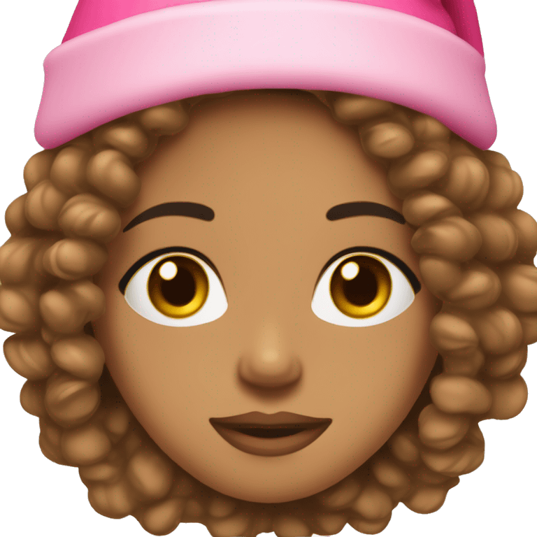 light brown skinned pretty woman with long black curly hair and almond brown eyes with pink christmas hat with big lips emoji