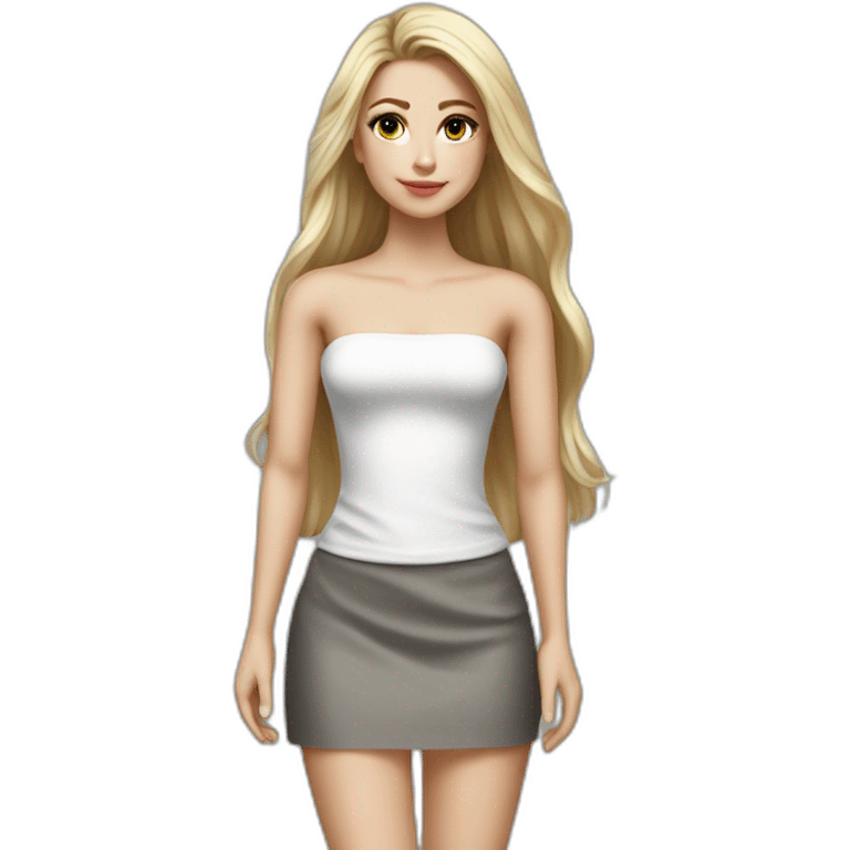 hyperrealist caucasian long hair blonde brown eyes strapless white top gray tight mini skirt black shoes full body emoji