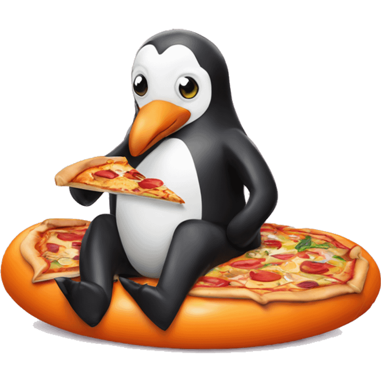 A penguin next to a door sitting on a pool float eating pizza emoji