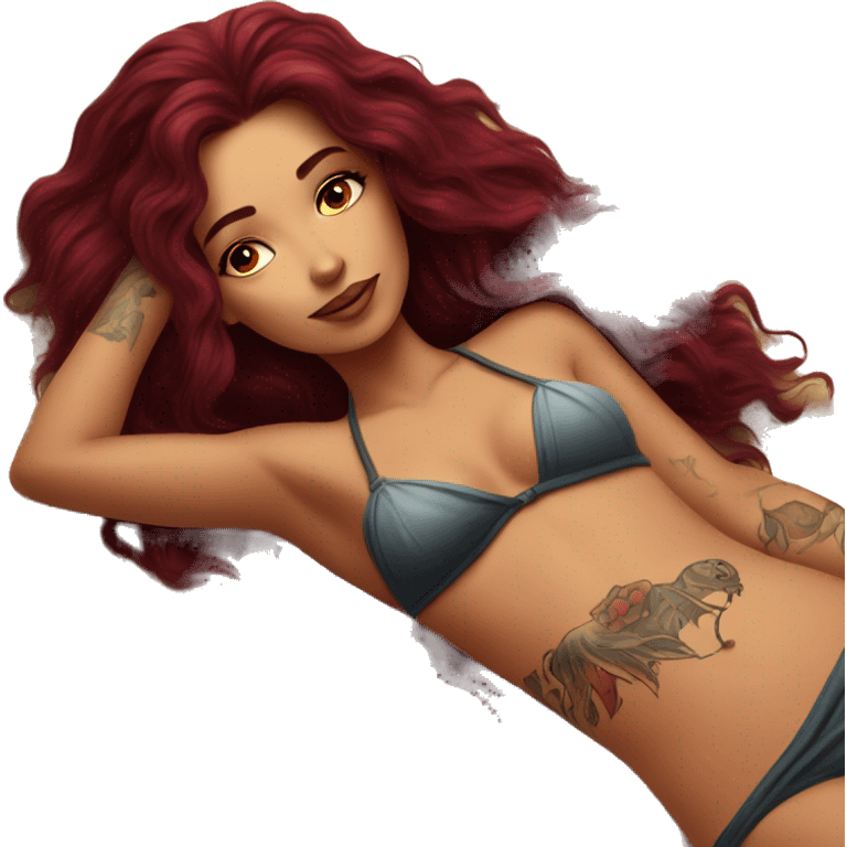 Beautiful tattooed burgundy long haired woman laying on the beach emoji