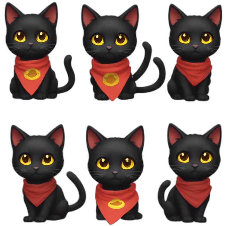 a black cat with yellow eyes and a red bandanna around its neck, sora as a cat, kiki, anime cat, lineless, anime catgirl, emoji