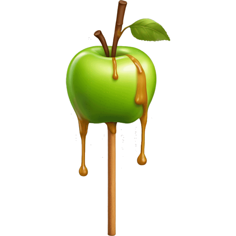 Realistic single green apple with caramel drizzled over it on a stick . emoji