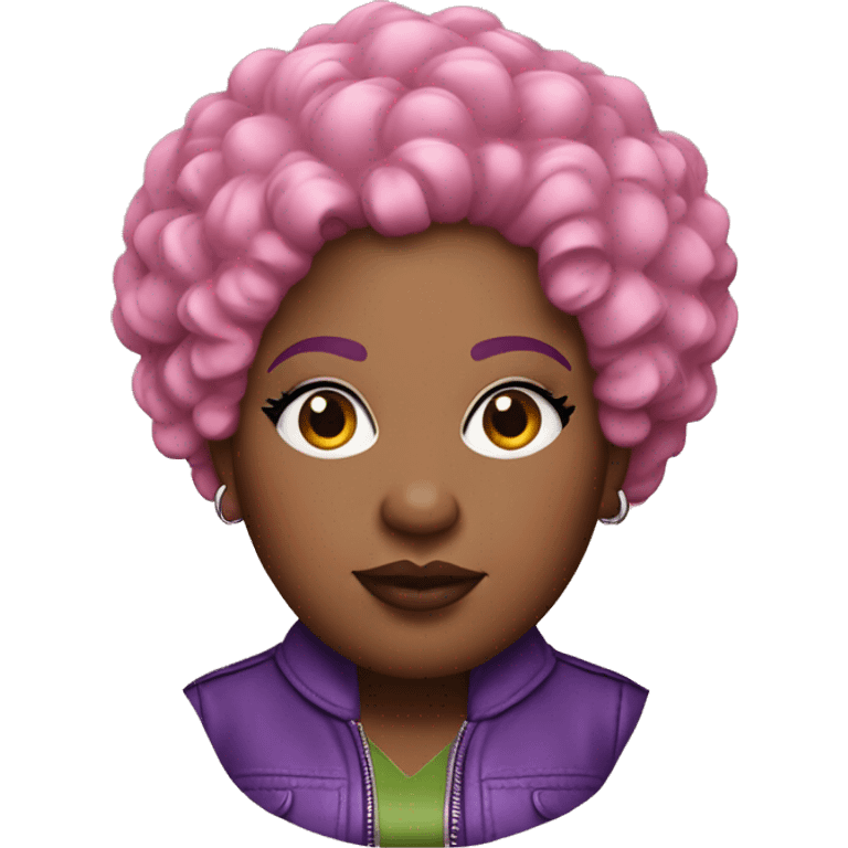 Plus size black woman with very short pink curly hair and a purple leather jacket with makeup on face. emoji