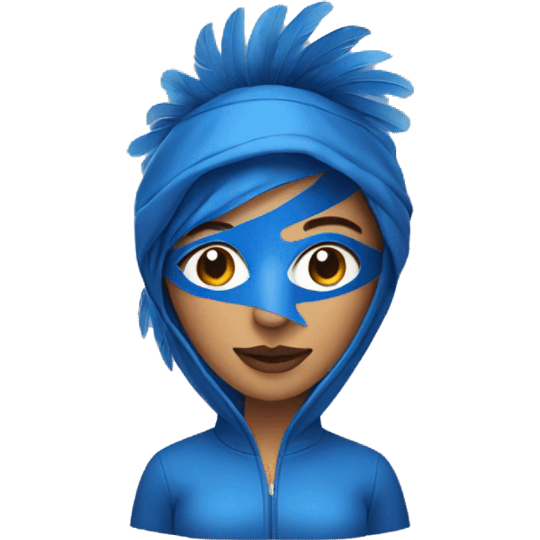 woman with bluesheet mask on face and wearing blue feather jacket emoji