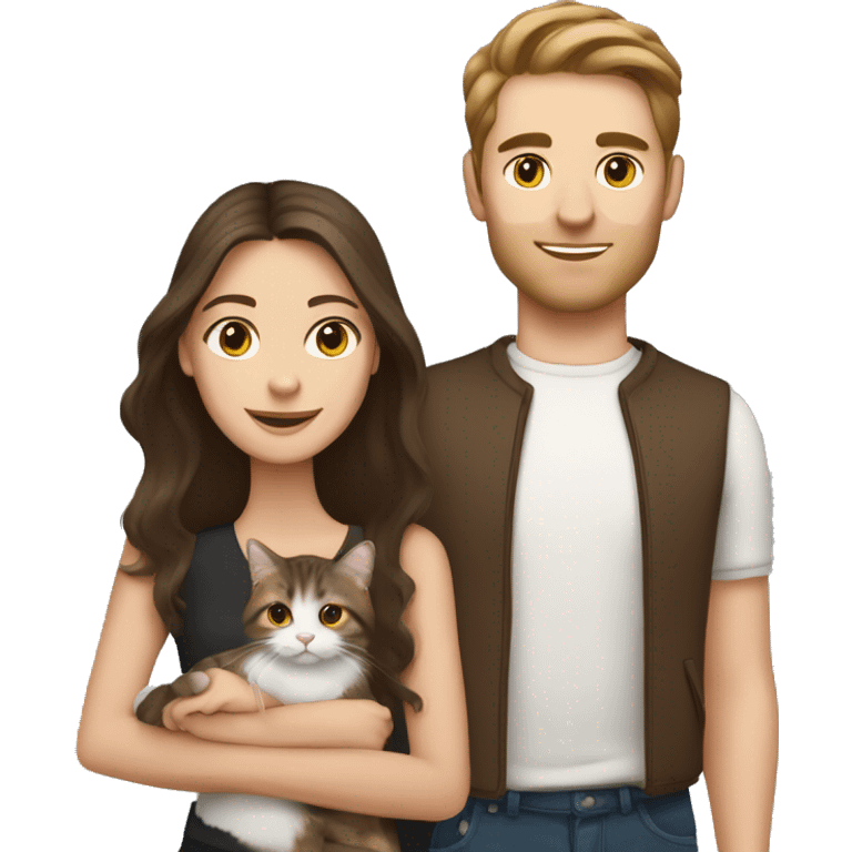 Long Brown hair girl and brunette white brunette man holding tabby cat  emoji