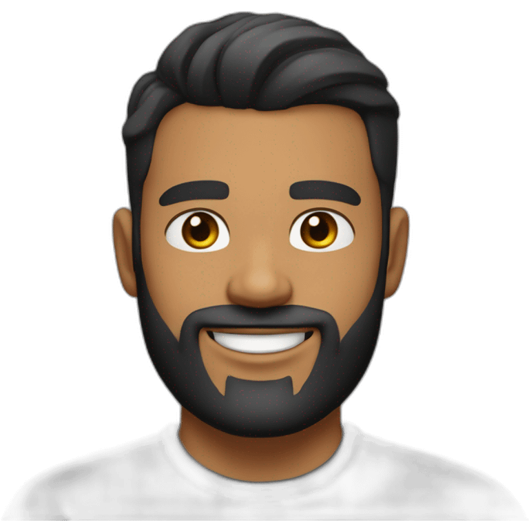 tanned skin male, black hair with a skin fade haircut, good beard, white teeth, black t shirt approximately 32 years old, good beard, chest up, confident emoji