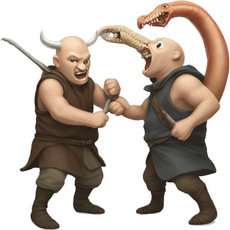 two hobbits fighting an alaskan bull worm emoji