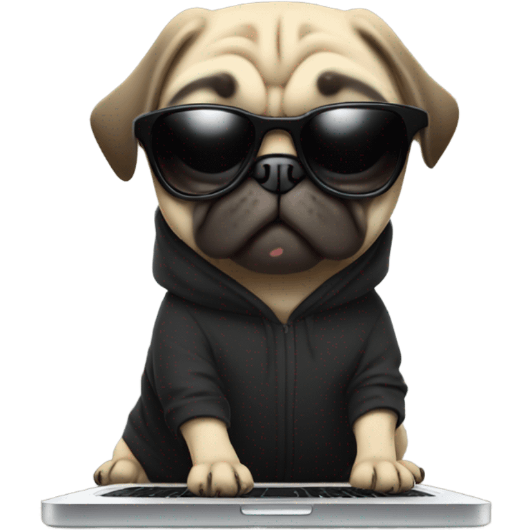 Pug wearing a black hoodie and using a laptop and wearing sunglasses emoji