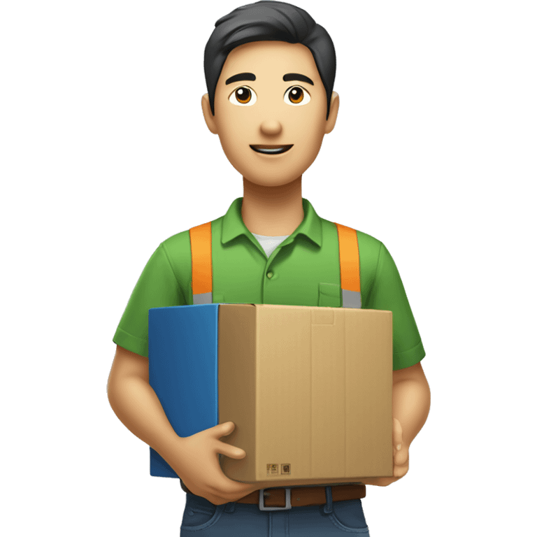 Asian person in logistic company green shirt with box in hand emoji