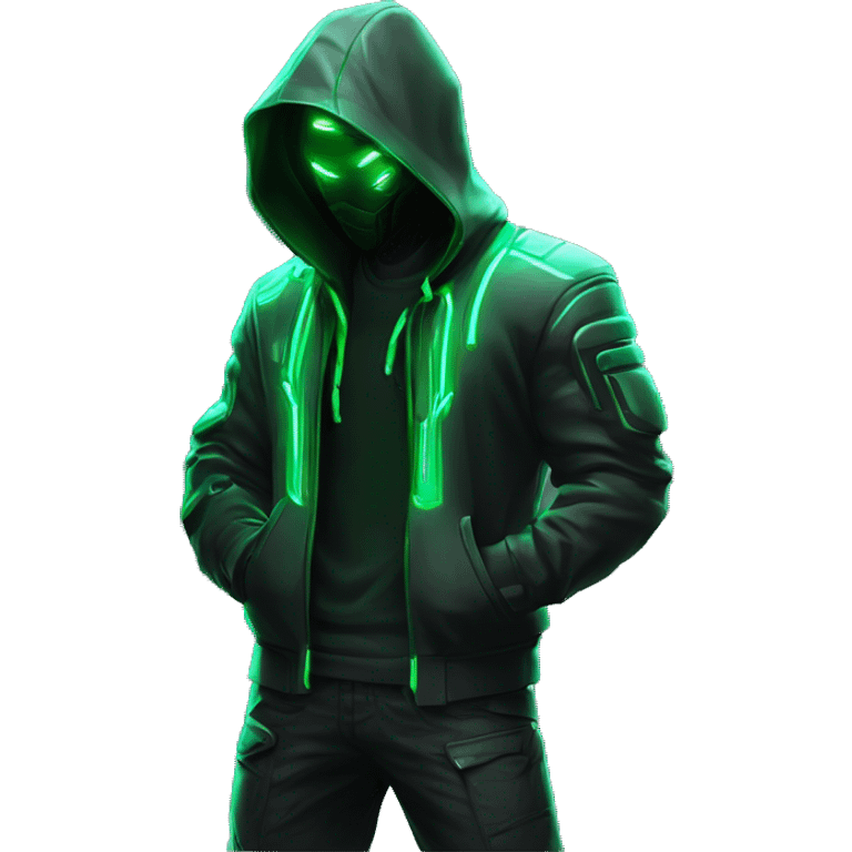 Side view developer behind his laptop with this style : crysis Cyberpunk Valorant neon glowing bright green character green black hooded assassin themed character emoji