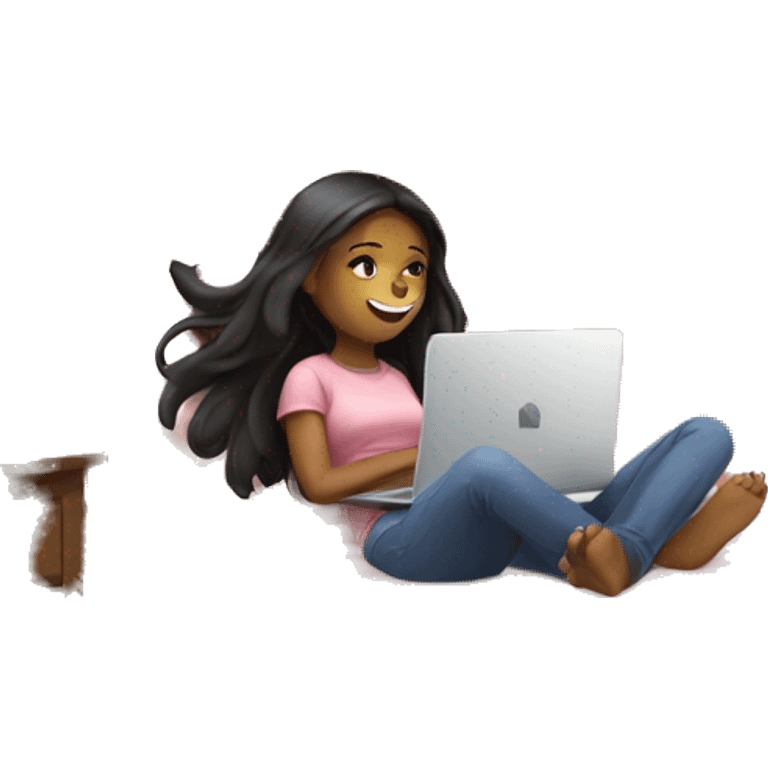 A girl on her bed, with her cat on her laptop emoji