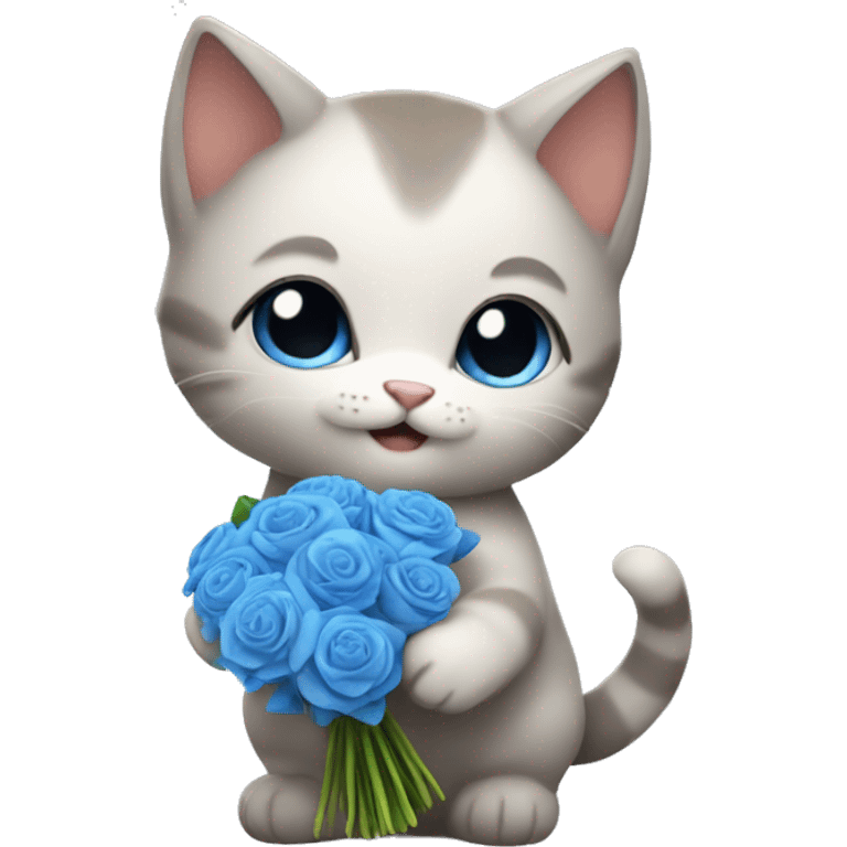 a fat kitten holding a blue bouquet of flowers emoji