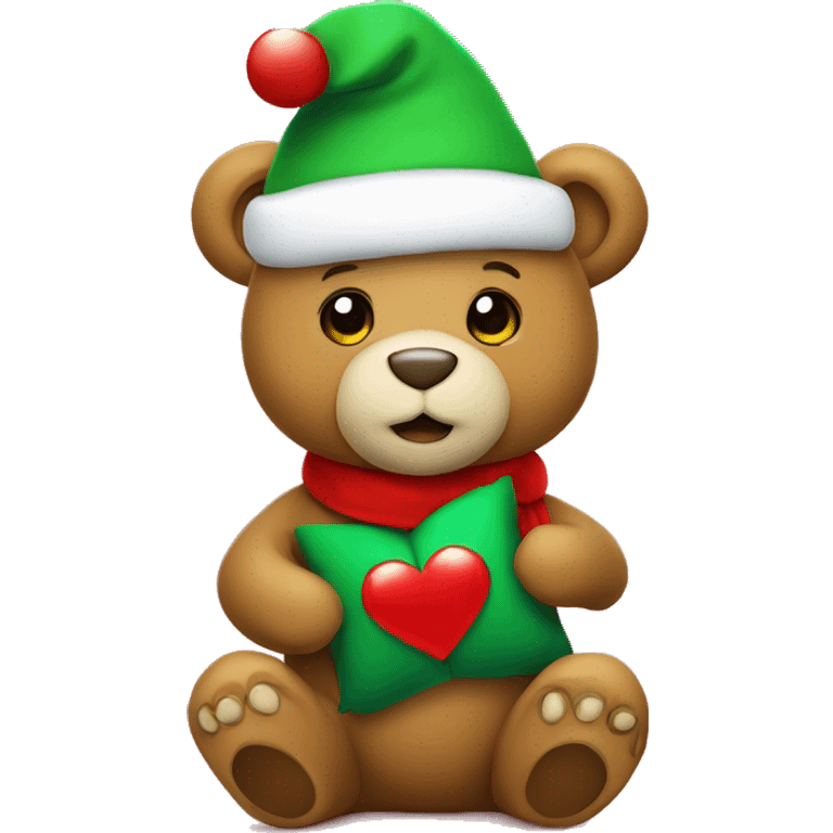 Christmas bear wearing christmas hat in red with holding green heart with two hands. Be cute emoji