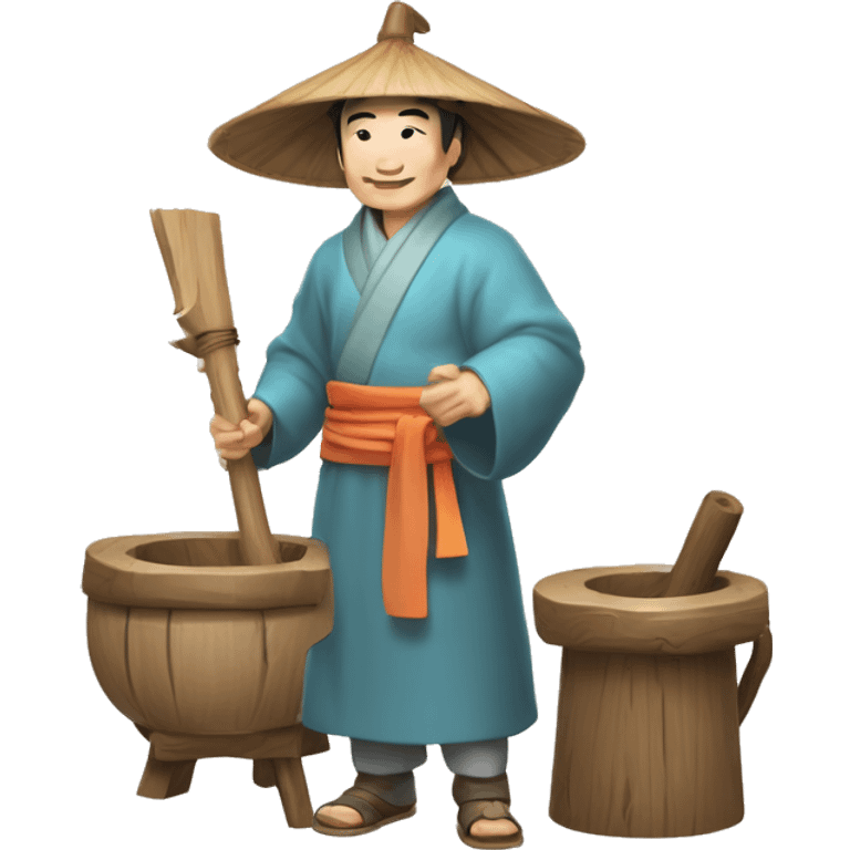 Lu Ban is a legendary figure in Chinese mythology, depicted as a clever craftsman often wearing wide robes, a broad-brimmed hat, and carrying woodworking tools. 🛠️🎩👕 emoji