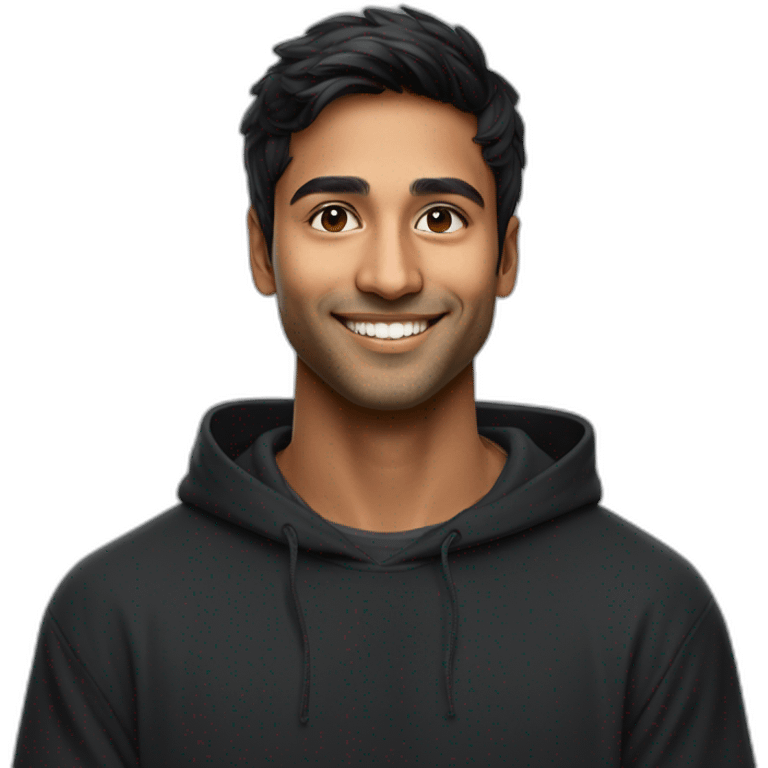 25 year old indian silicon valley creator economy startup founder smiling in a black hoodie with broad shoulders profile photo wearing apple vision pro face only emoji