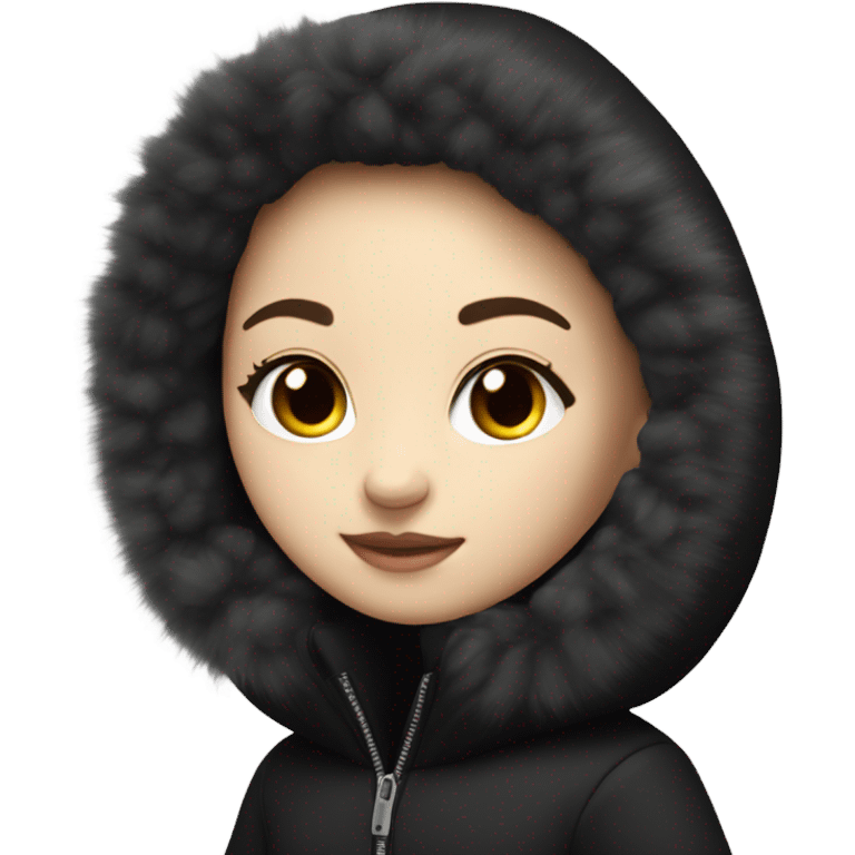 White skinned girl wearing a black puff coat with a black fur hood emoji