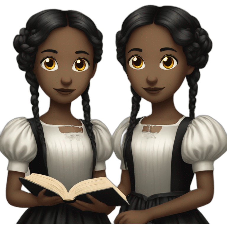 a book cover featuring two young twin sisters in gothic style emoji