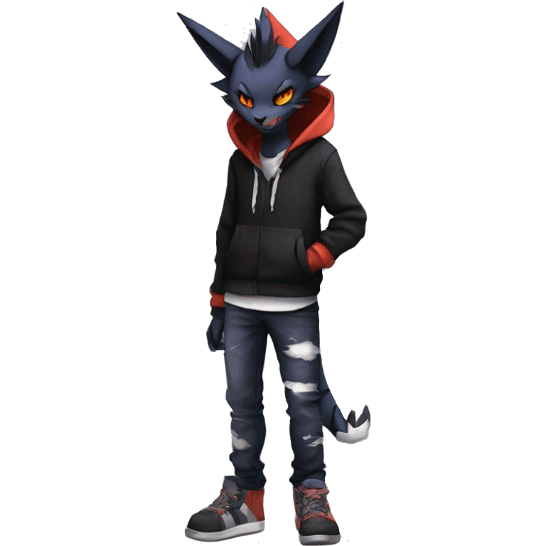 Cool Anthro Black Noivern-Absol-Litten-Pokémon with edgy stripes hoodie spiked collar punk Full Body emoji