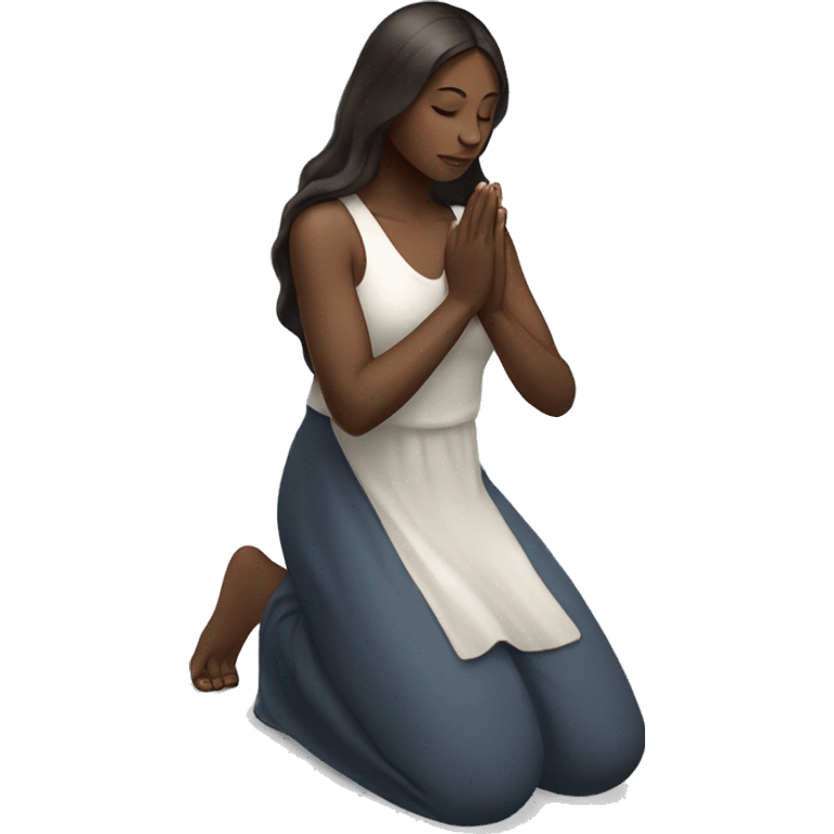 A woman kneeling praying, in a long dress, long dark brown hair with white skin emoji