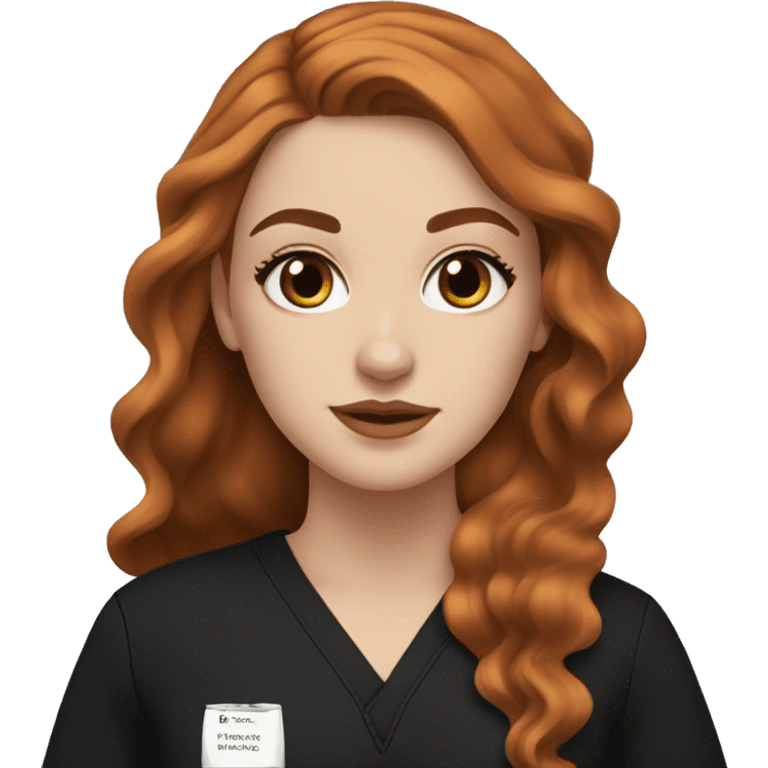 white girl. long wavy auburn hair. Black Scrubs. Makeup emoji