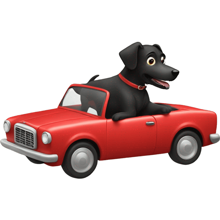 Black mean dog riding in red car with a stripe on it emoji