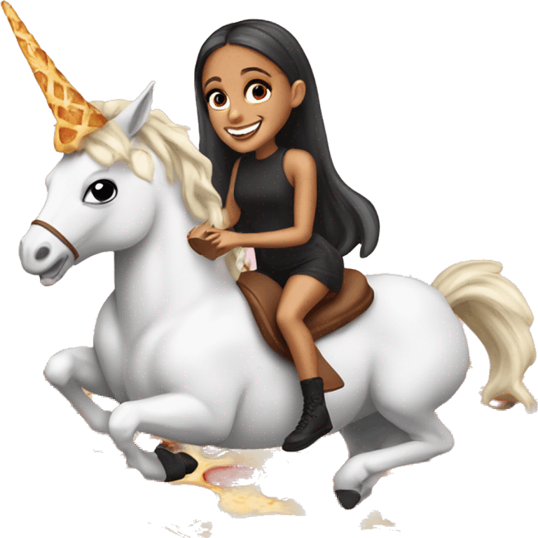 Ariana Grande riding a unicorn while eating vegan pizza emoji