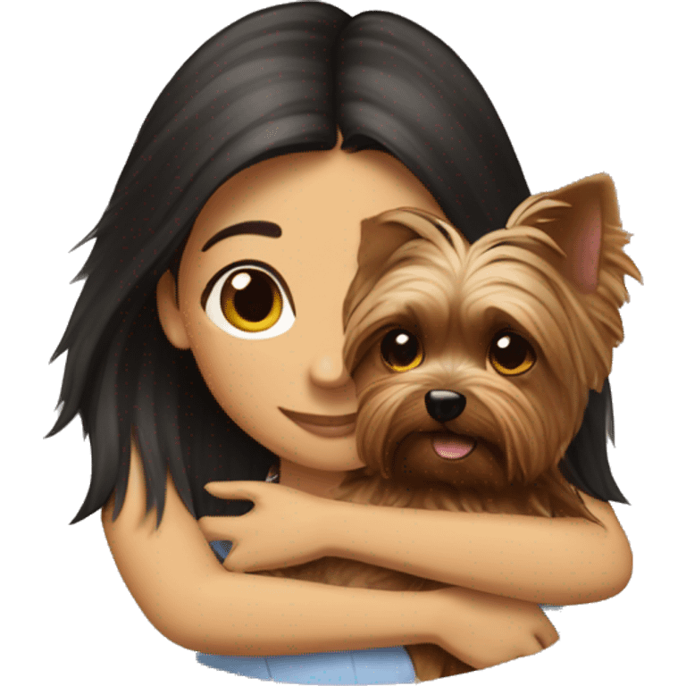 Brunette girl hugs yorkie dog emoji