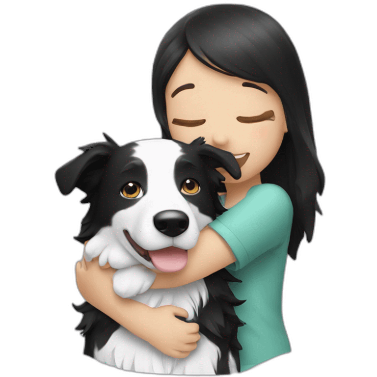 A girl hugging a adult black and white border collie emoji