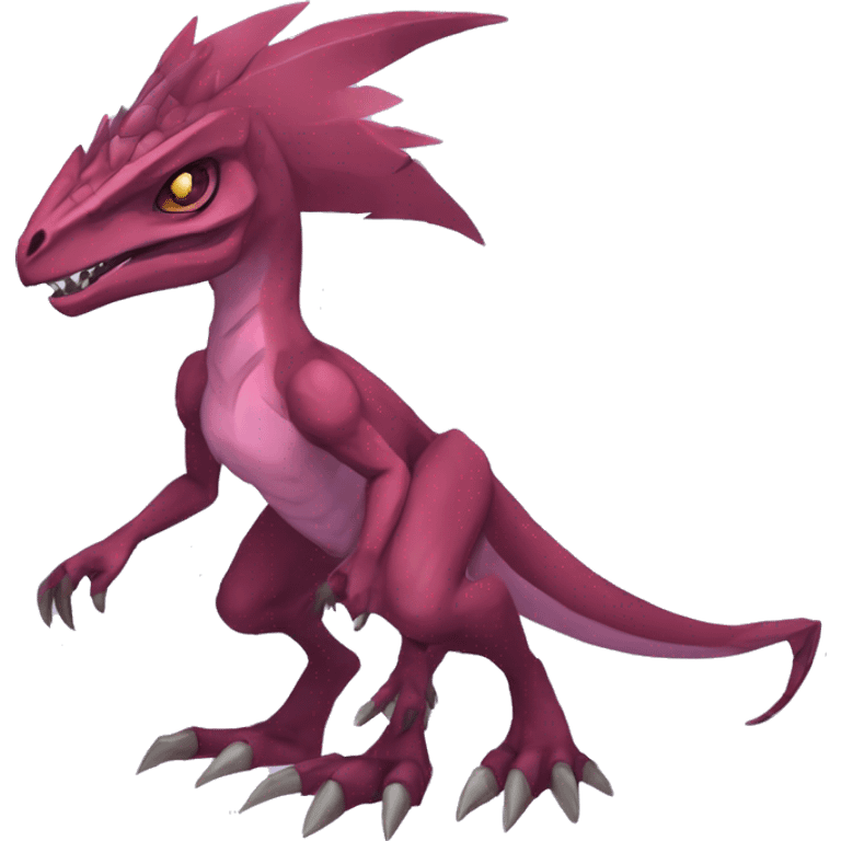 Mauve-maroon-red-violet-colored edgy anthro-genesect-velociraptor-scalie-sona-Fakémon-hybrid with a mane on head and back and horns full body emoji