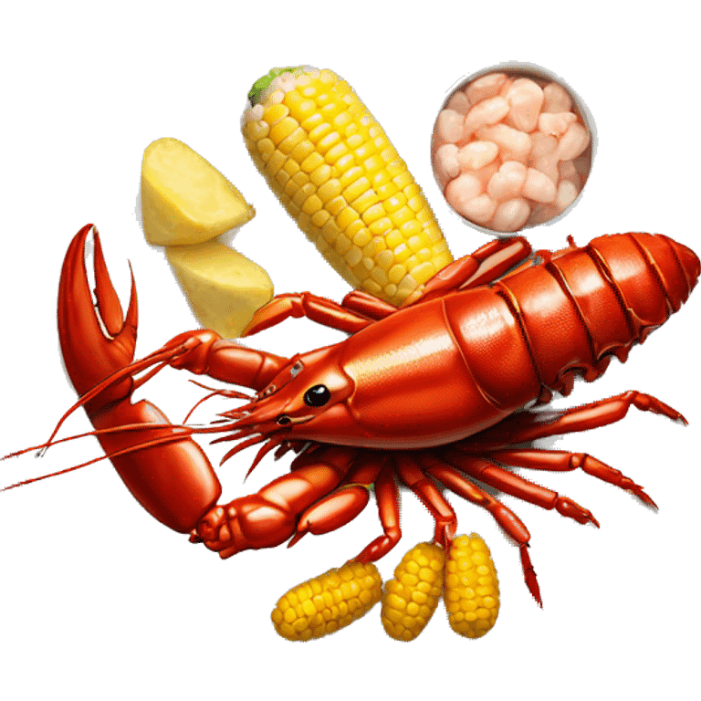 Realistic full single image plate of a crawfish, corn on the cob,small potato and boiled shrimp  emoji